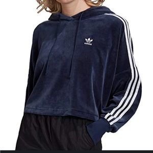 adidas Originals Women's Size Large Velour Cropped Hoodie Collegiate Navy White.